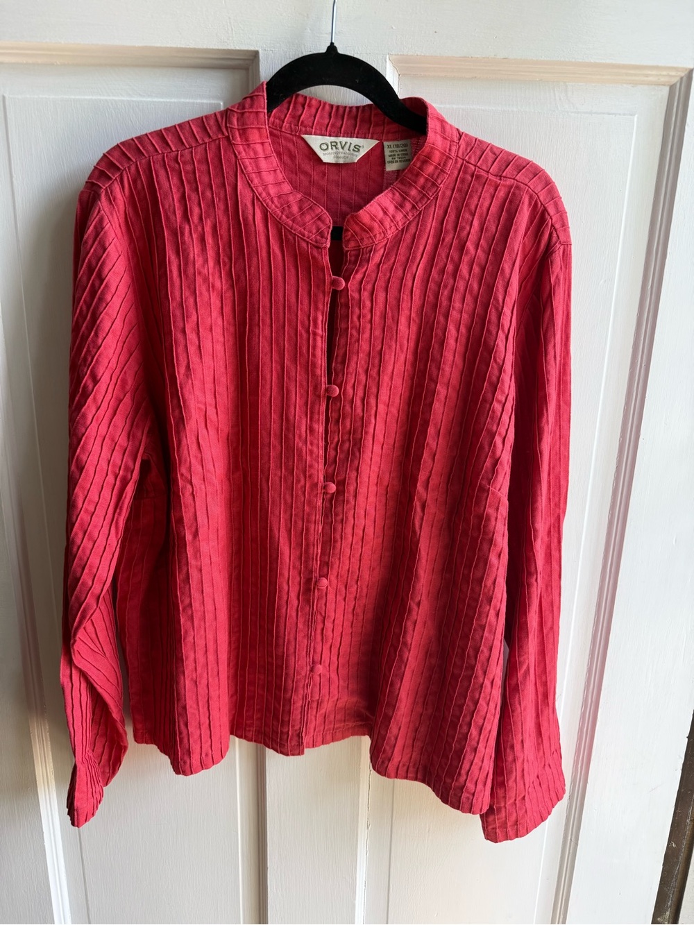 Orvis Red Pink Pintuck Button-Front Band Collar Shirt